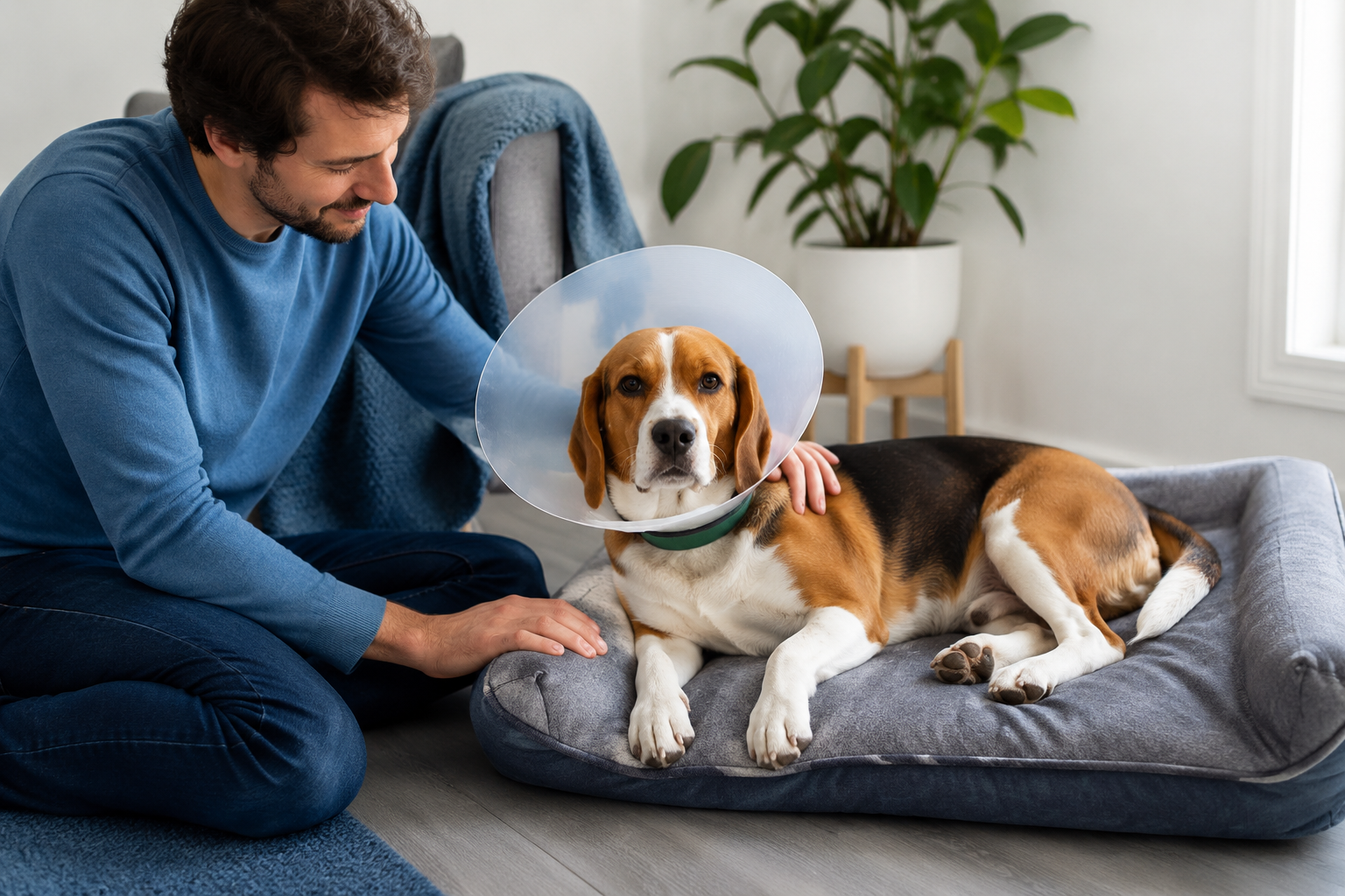 Pes s ochranným límcem odpočívá po doporučení veterináře